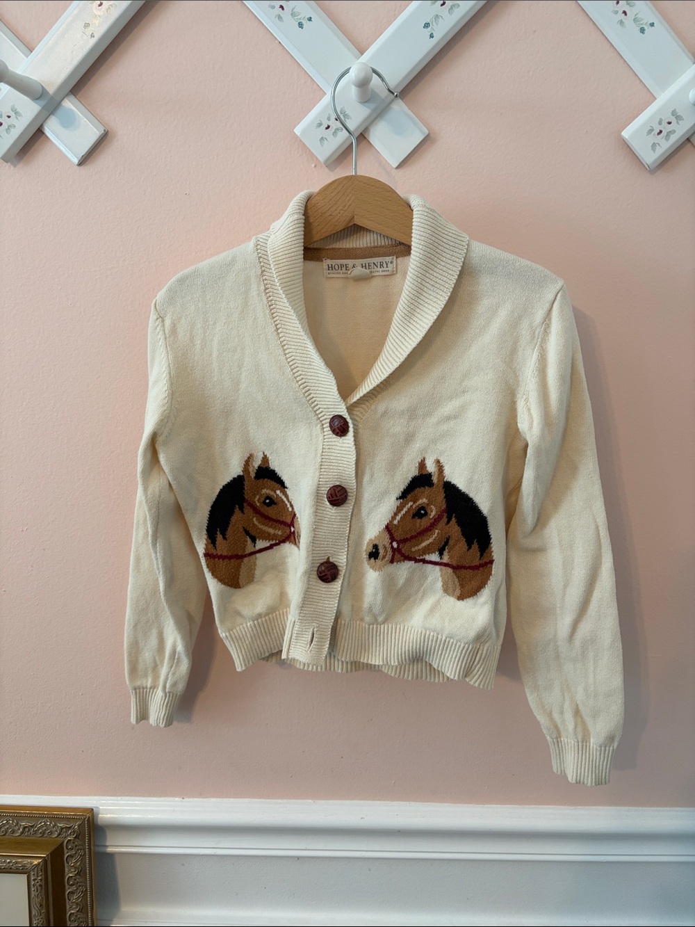 Hope & Henry Cream Horse Intarsia Shawl-Collar Cardigan for Kids Size S